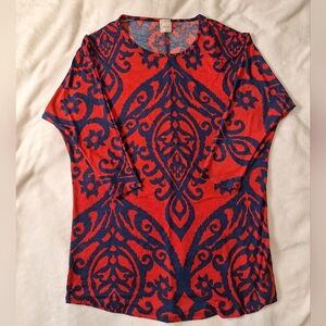 HERSHE Women’s Casual Print Shirt – Red Blue Bold Motif, Lightweight Stretch
